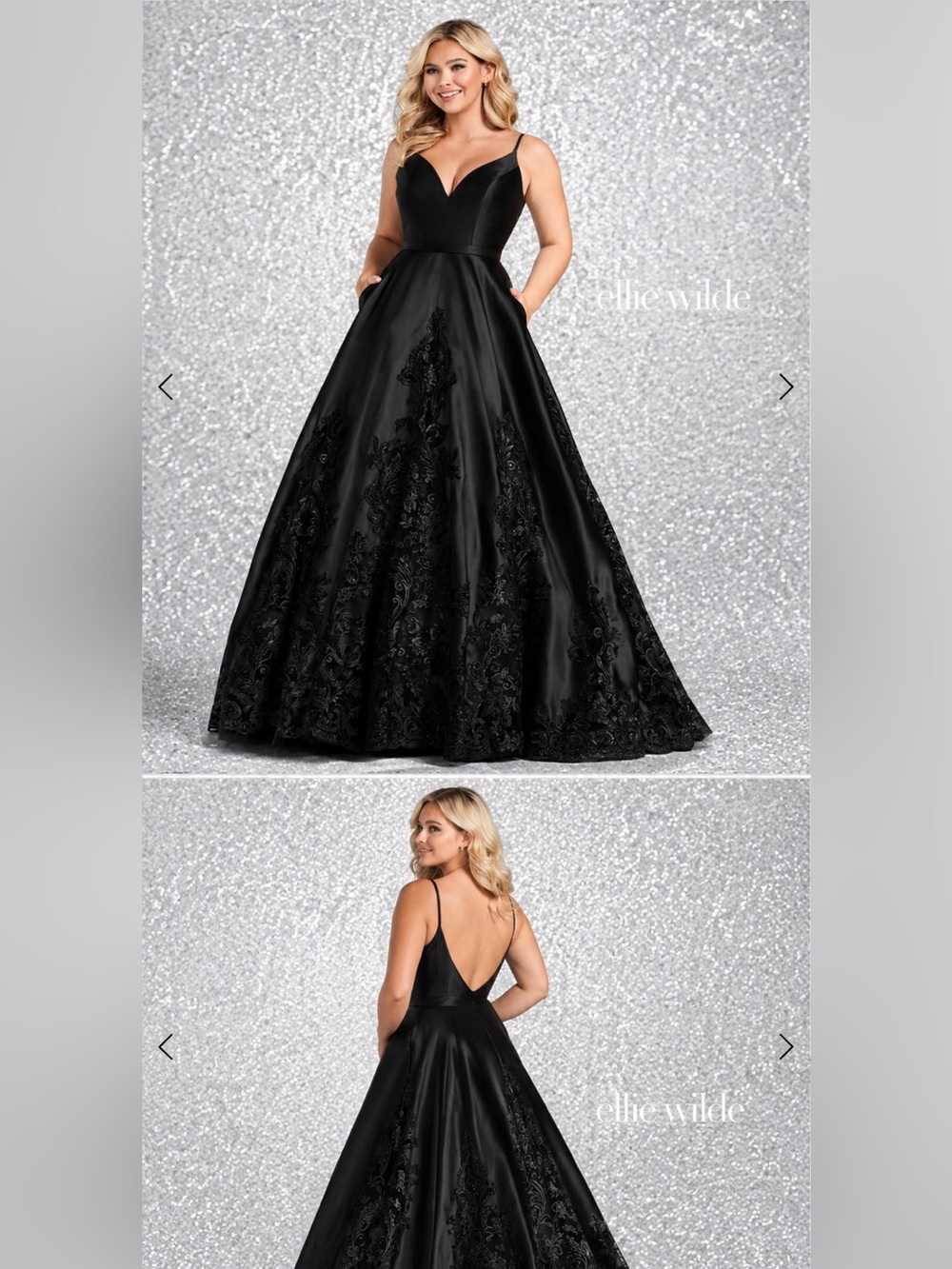 Ellie Wilde Mon Cheri Black Embroidered Formal Prom Bridal Satin Gown Size 14